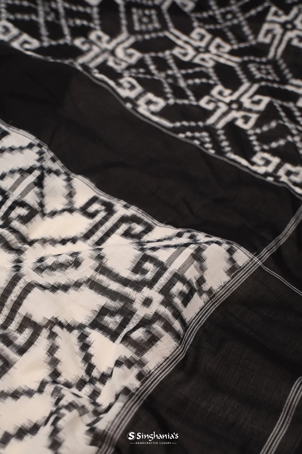 White Black Ikkat Cotton Saree With Traditional Pattern