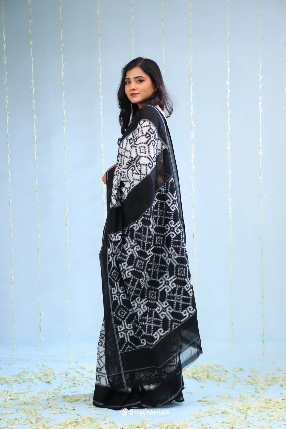 White Black Ikkat Cotton Saree With Traditional Pattern