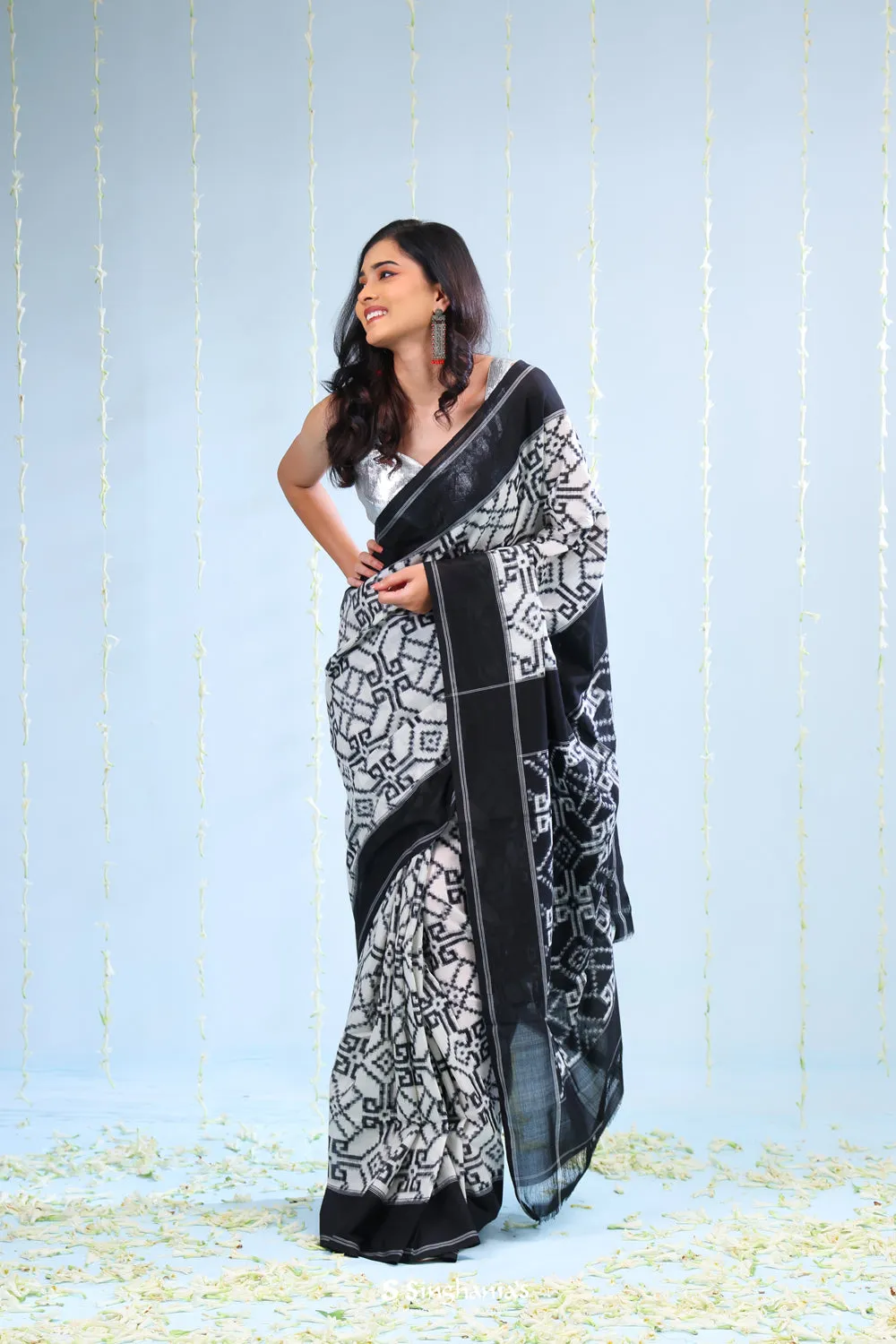 White Black Ikkat Cotton Saree With Traditional Pattern