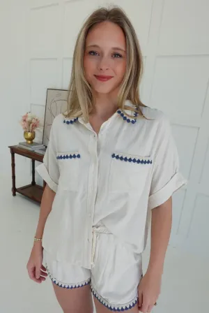 White Cap Embroidered Detail Top