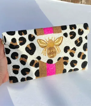 White Leopard Print & Bee Beaded Clutch