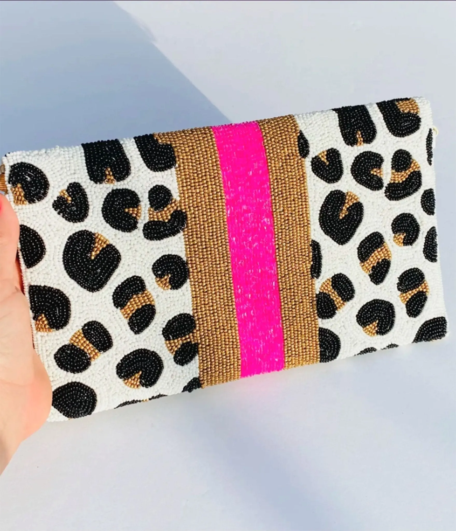 White Leopard Print & Bee Beaded Clutch