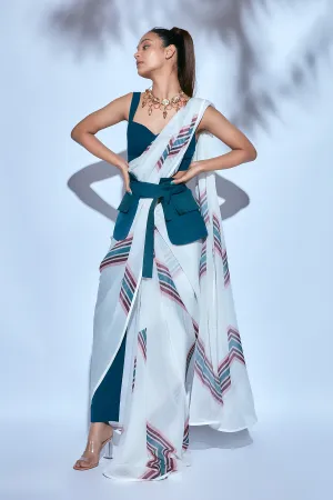 White Printed Sari paired with Teal Blouse