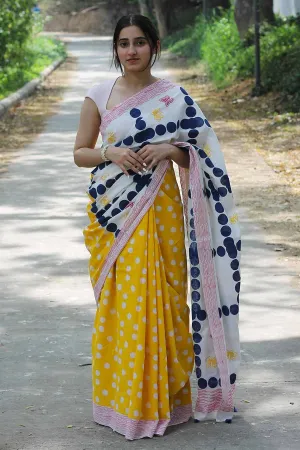 Yellow Hand-Block Printed Saree