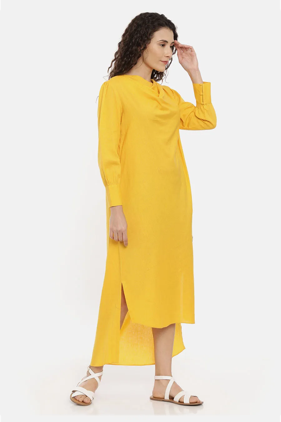 Yellow High-Low Cowl Midi Dress