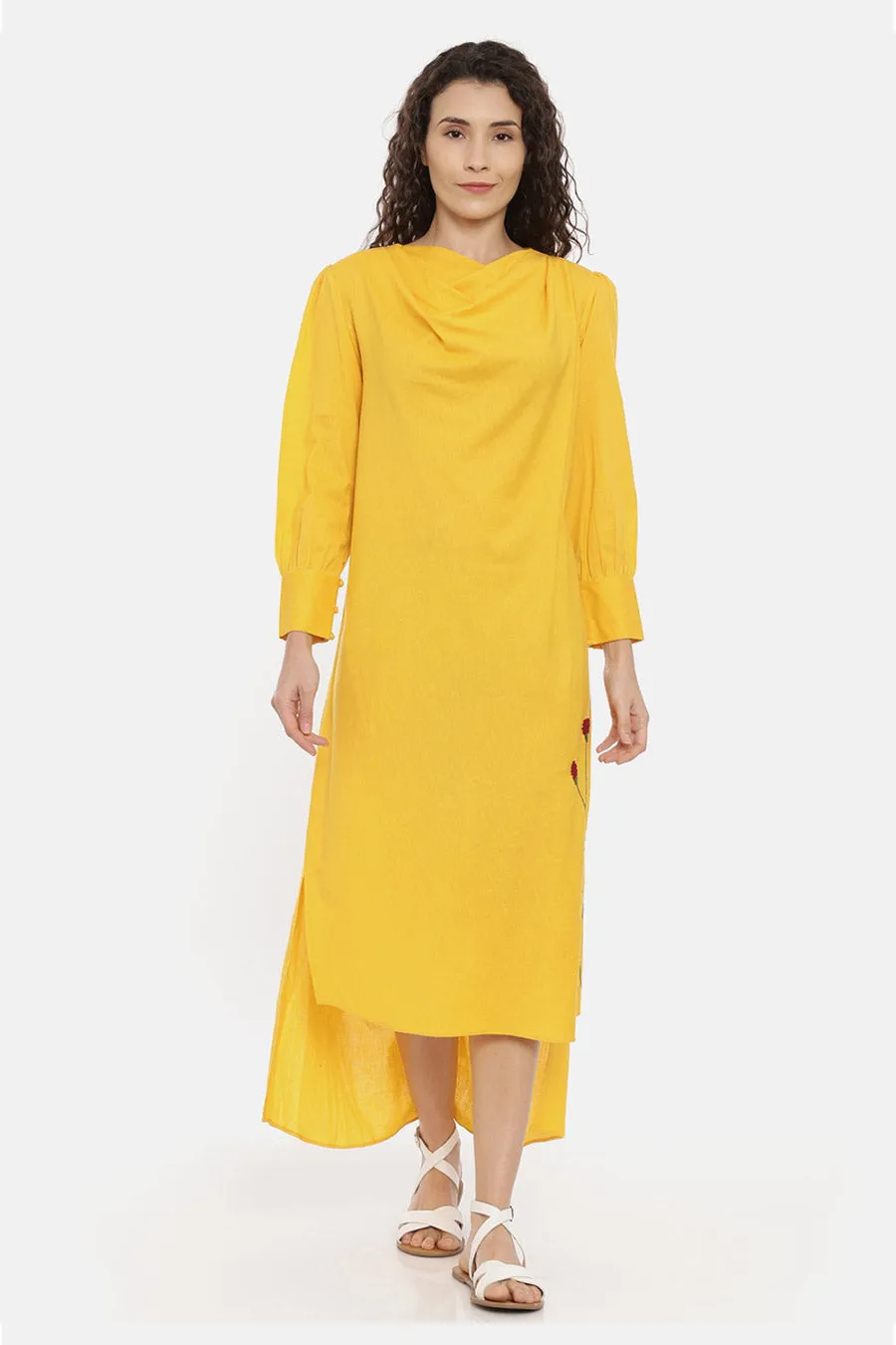 Yellow High-Low Cowl Midi Dress