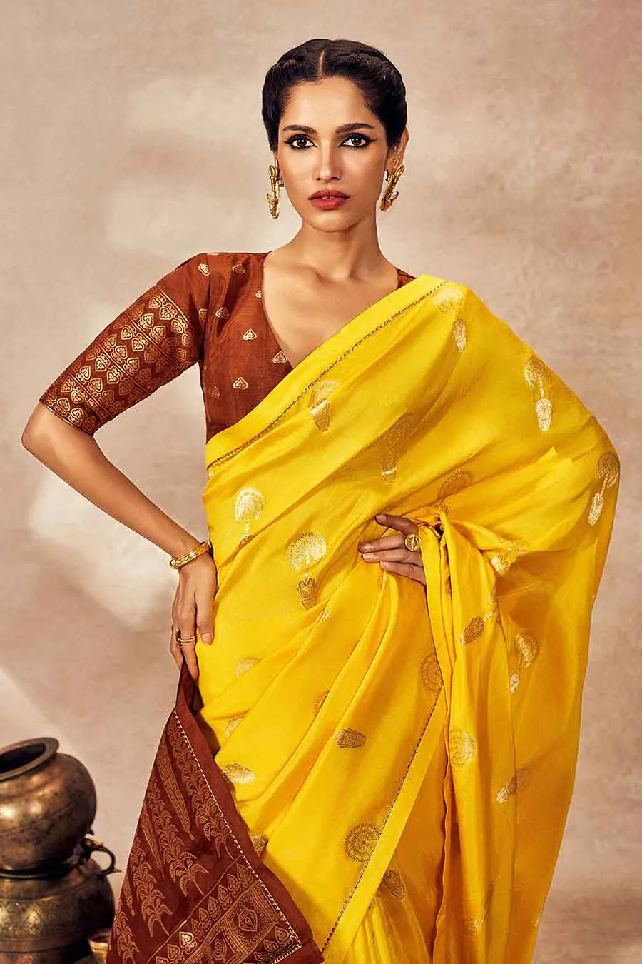 Yellow Jacquard Saree With Blouse Piece