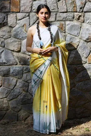 Yellow Nature Inspired Hand-Block Printed Saree