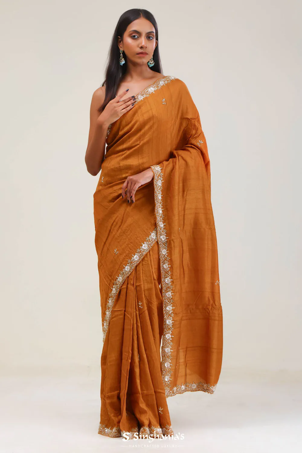 Yellow Orange Dupion Silk Crafted Saree