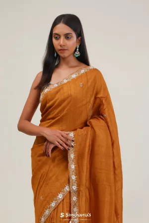 Yellow Orange Dupion Silk Crafted Saree