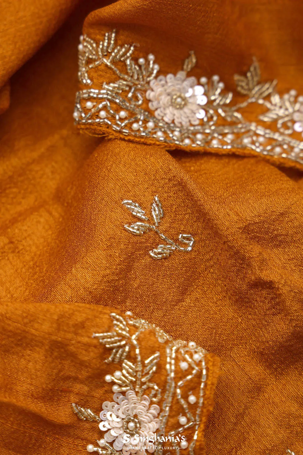 Yellow Orange Dupion Silk Crafted Saree