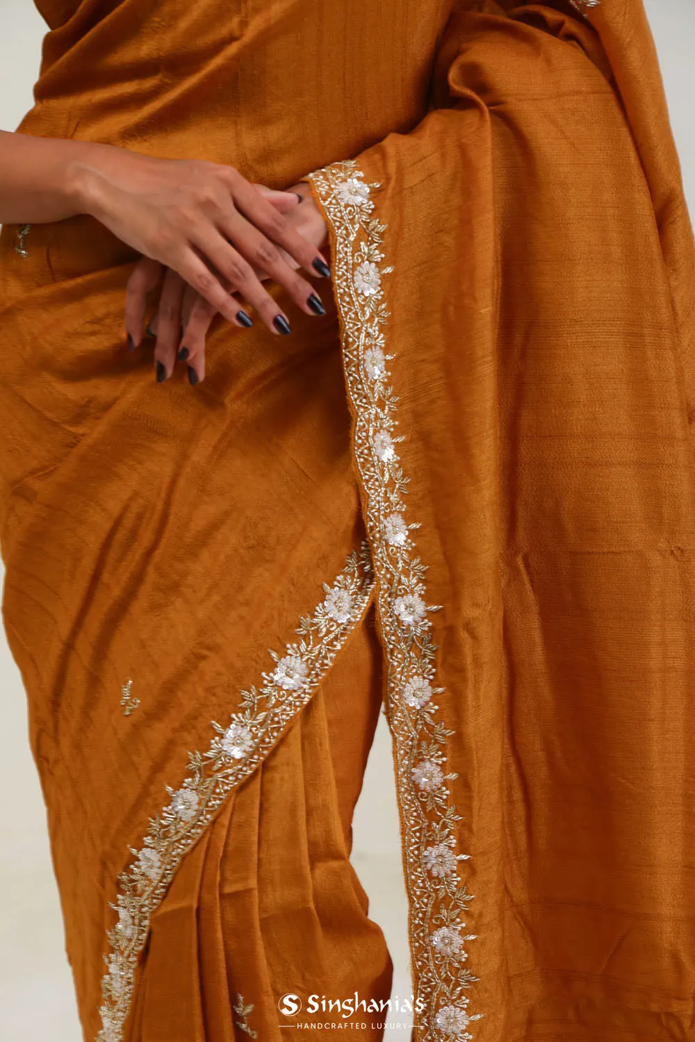 Yellow Orange Dupion Silk Crafted Saree