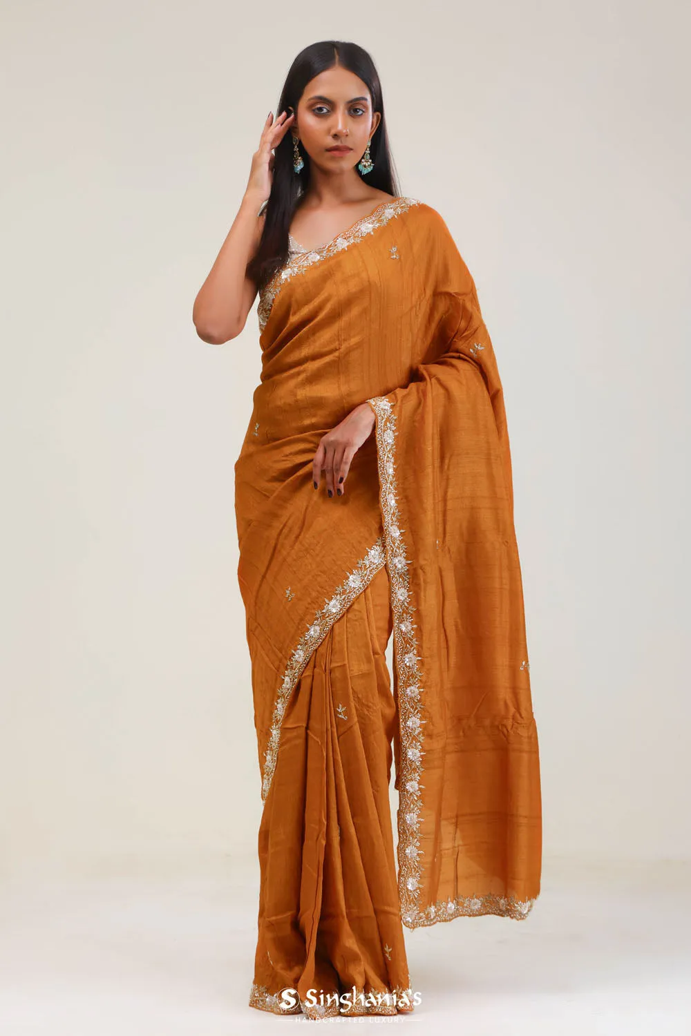 Yellow Orange Dupion Silk Crafted Saree