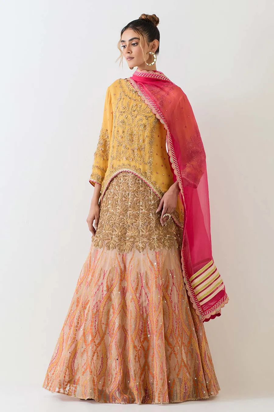 Yellow Organza Hand Embellished Lehenga Set