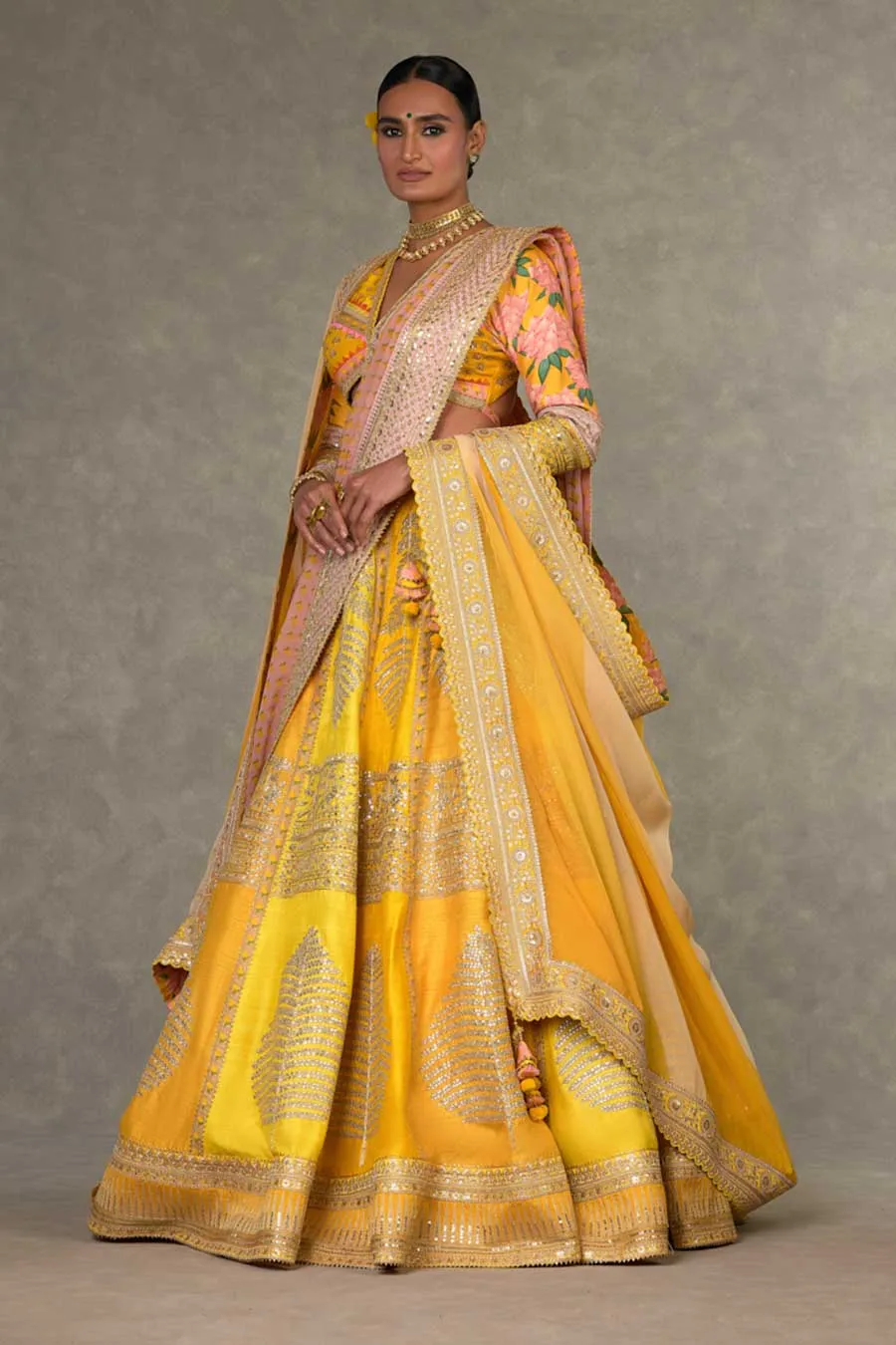 Yellow Paan-Patti Embroidered Lehenga Set with Double Dupatta