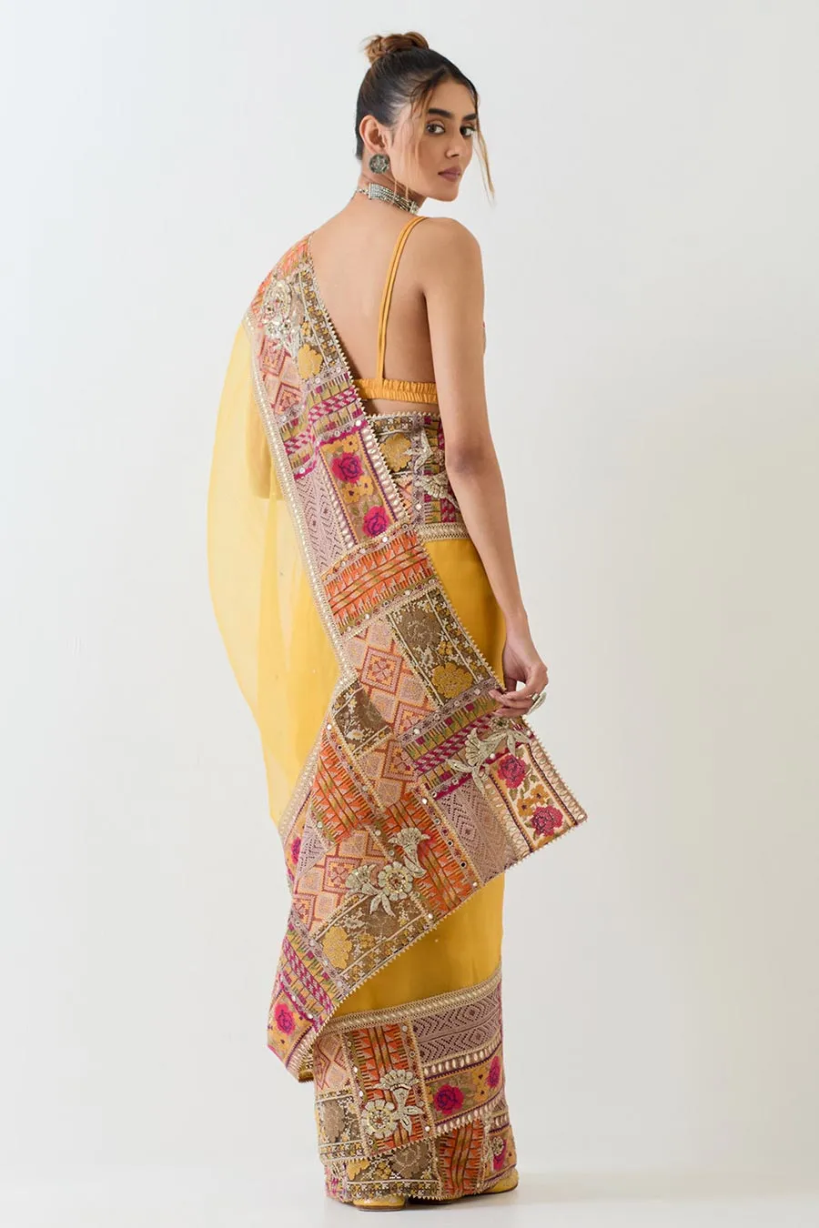 Yellow Patchwork Embellished Saree & Blouse Set