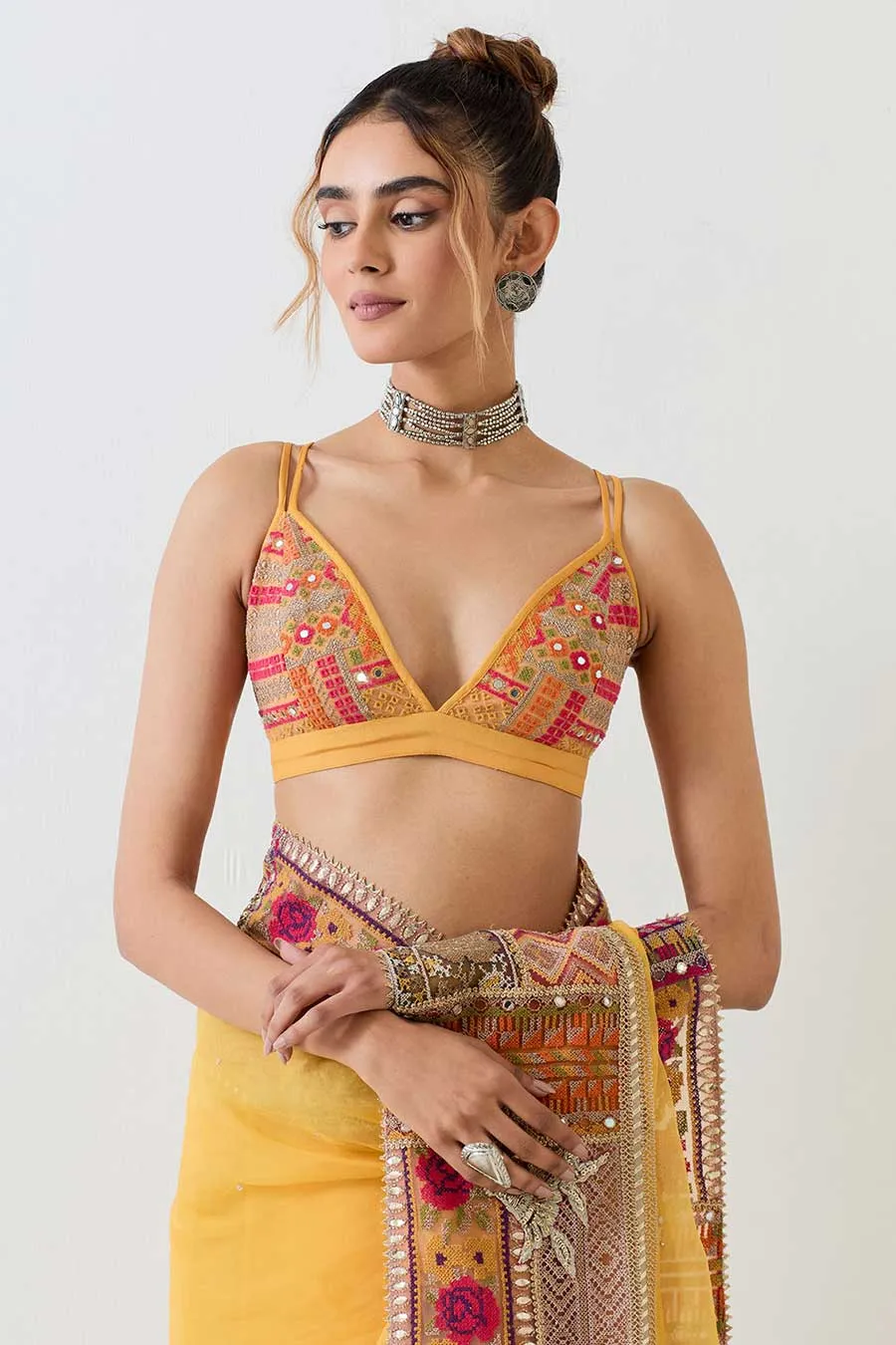 Yellow Patchwork Embellished Saree & Blouse Set