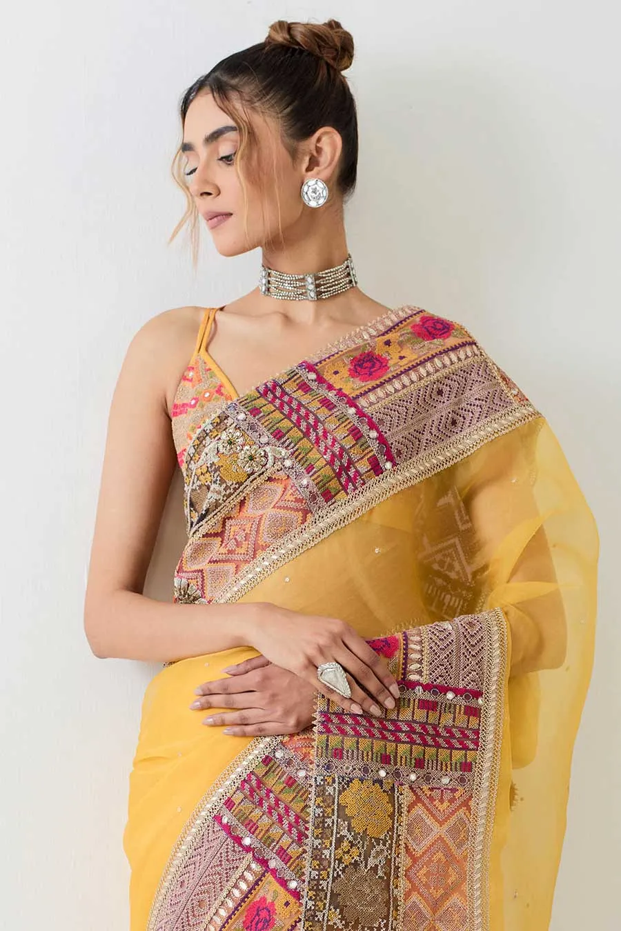 Yellow Patchwork Embellished Saree & Blouse Set