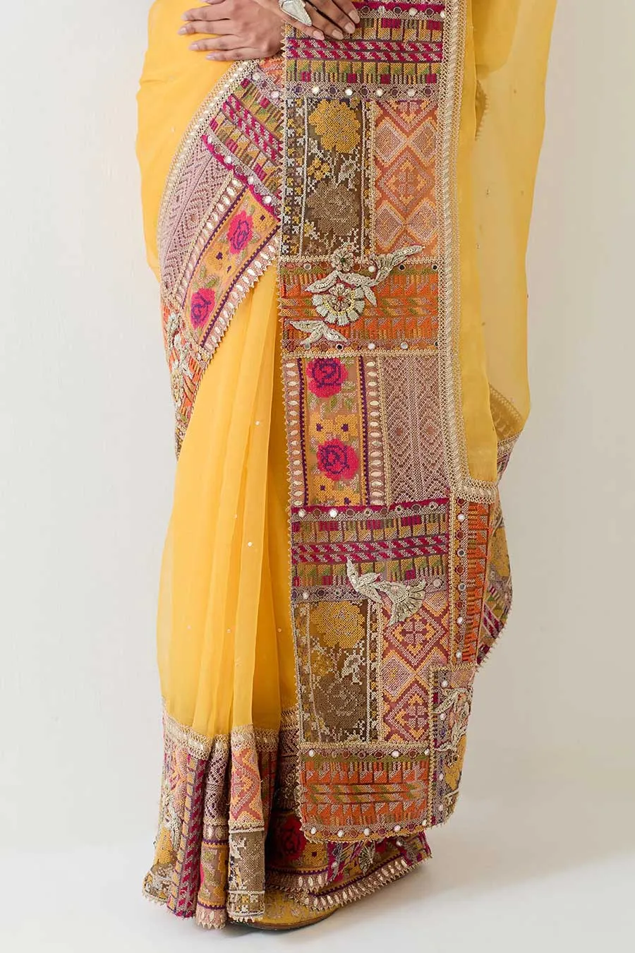 Yellow Patchwork Embellished Saree & Blouse Set