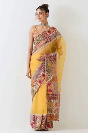Yellow Patchwork Embellished Saree & Blouse Set