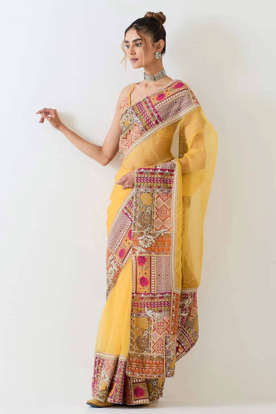 Yellow Patchwork Embellished Saree & Blouse Set