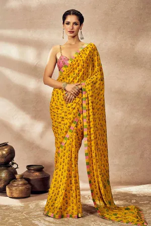 Yellow Pixie Dust Printed Saree With Blouse Piece