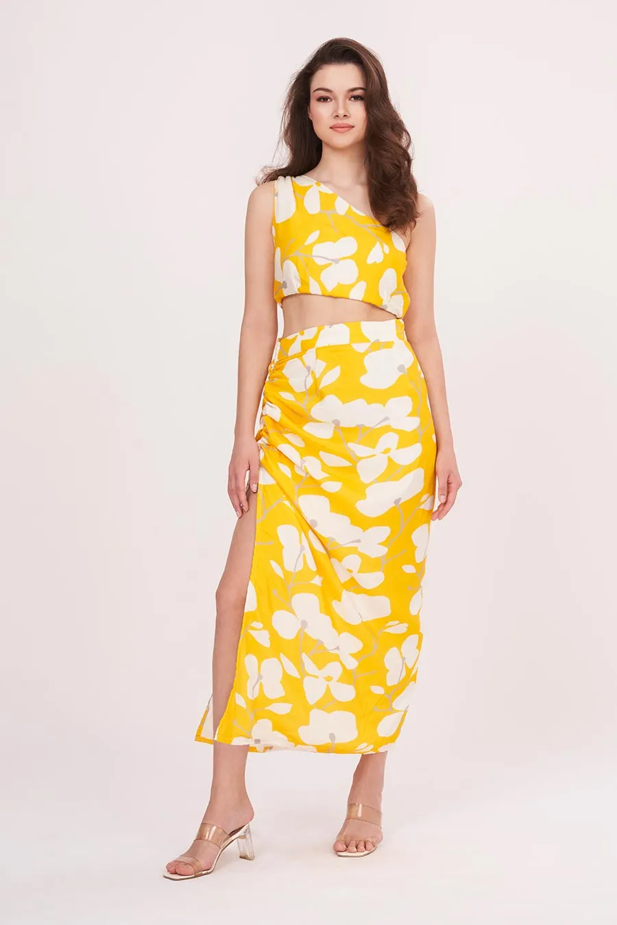Yellow Printed One-Shoulder Top & Skirt Set