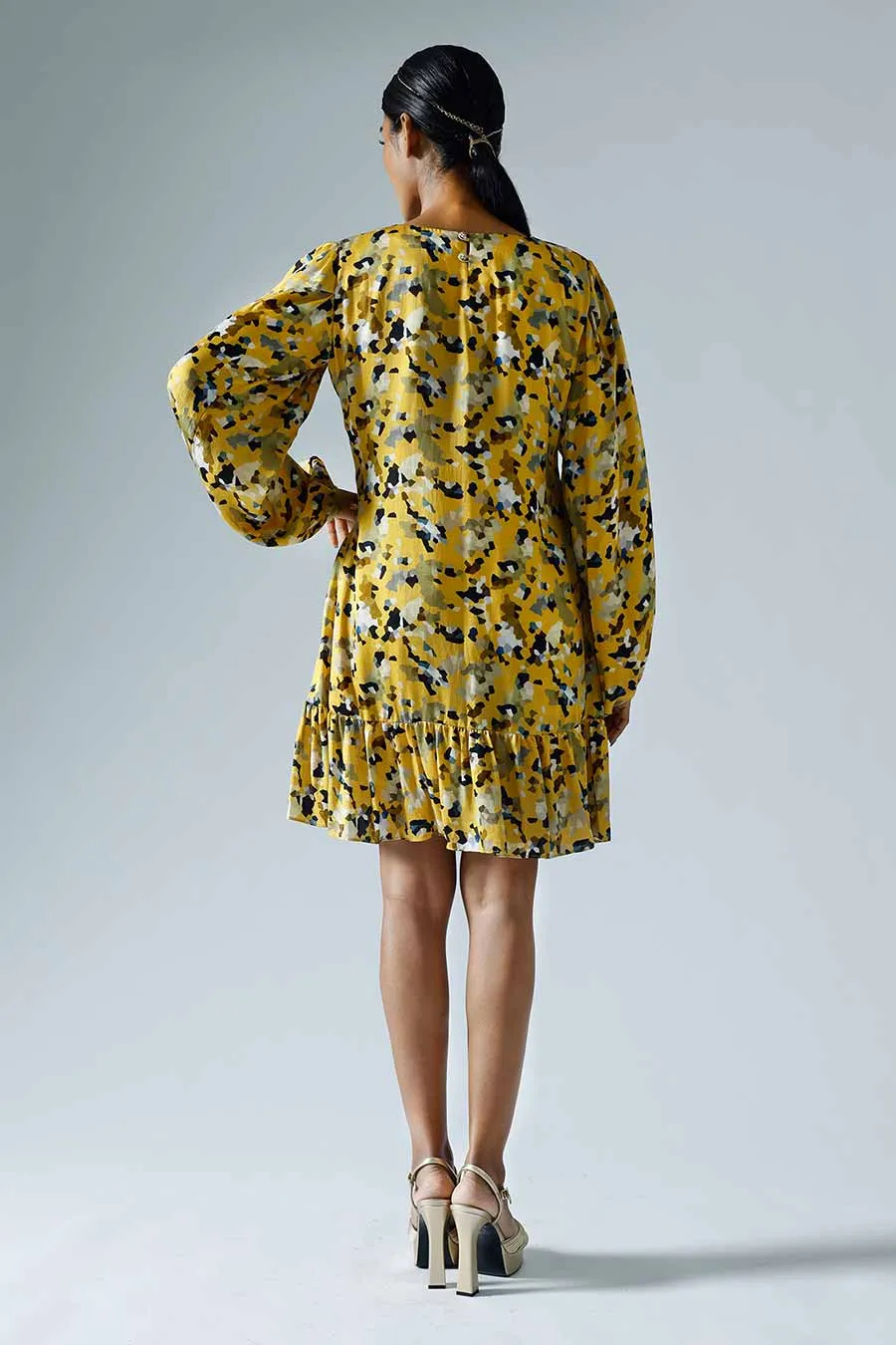 Yellow Printed Pixelated Shift Dress