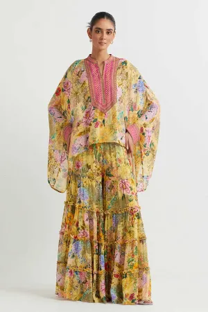 Yellow Printed Poncho Cape & Sharara Set