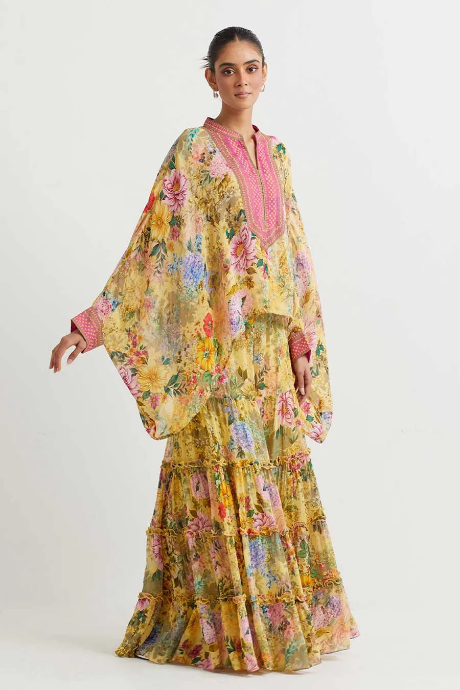 Yellow Printed Poncho Cape & Sharara Set