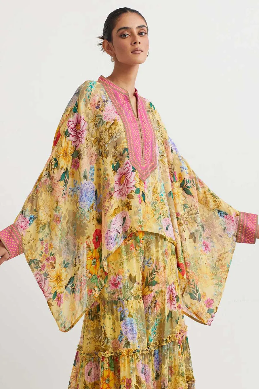 Yellow Printed Poncho Cape & Sharara Set