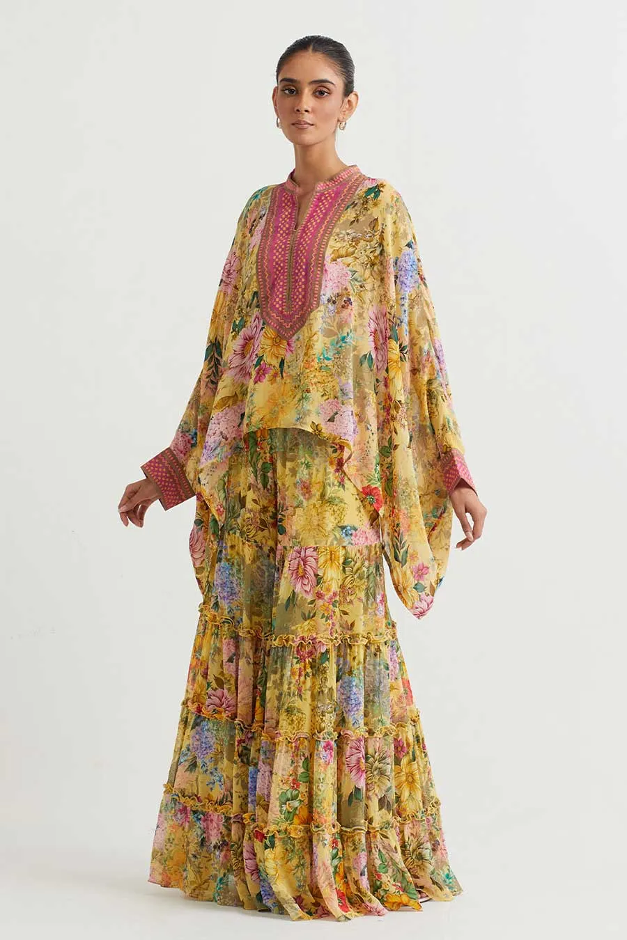 Yellow Printed Poncho Cape & Sharara Set