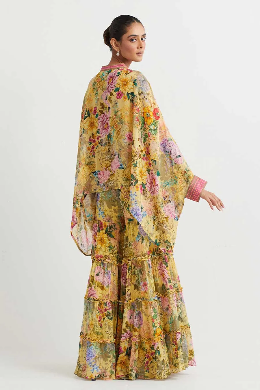 Yellow Printed Poncho Cape & Sharara Set