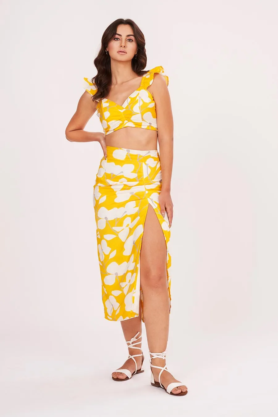 Yellow Printed Ruffle Top & Skirt Co-Ord Set