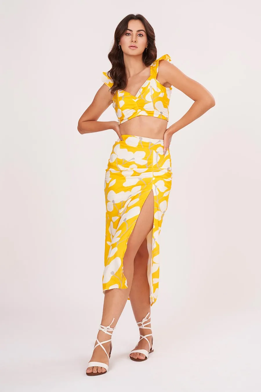 Yellow Printed Ruffle Top & Skirt Co-Ord Set