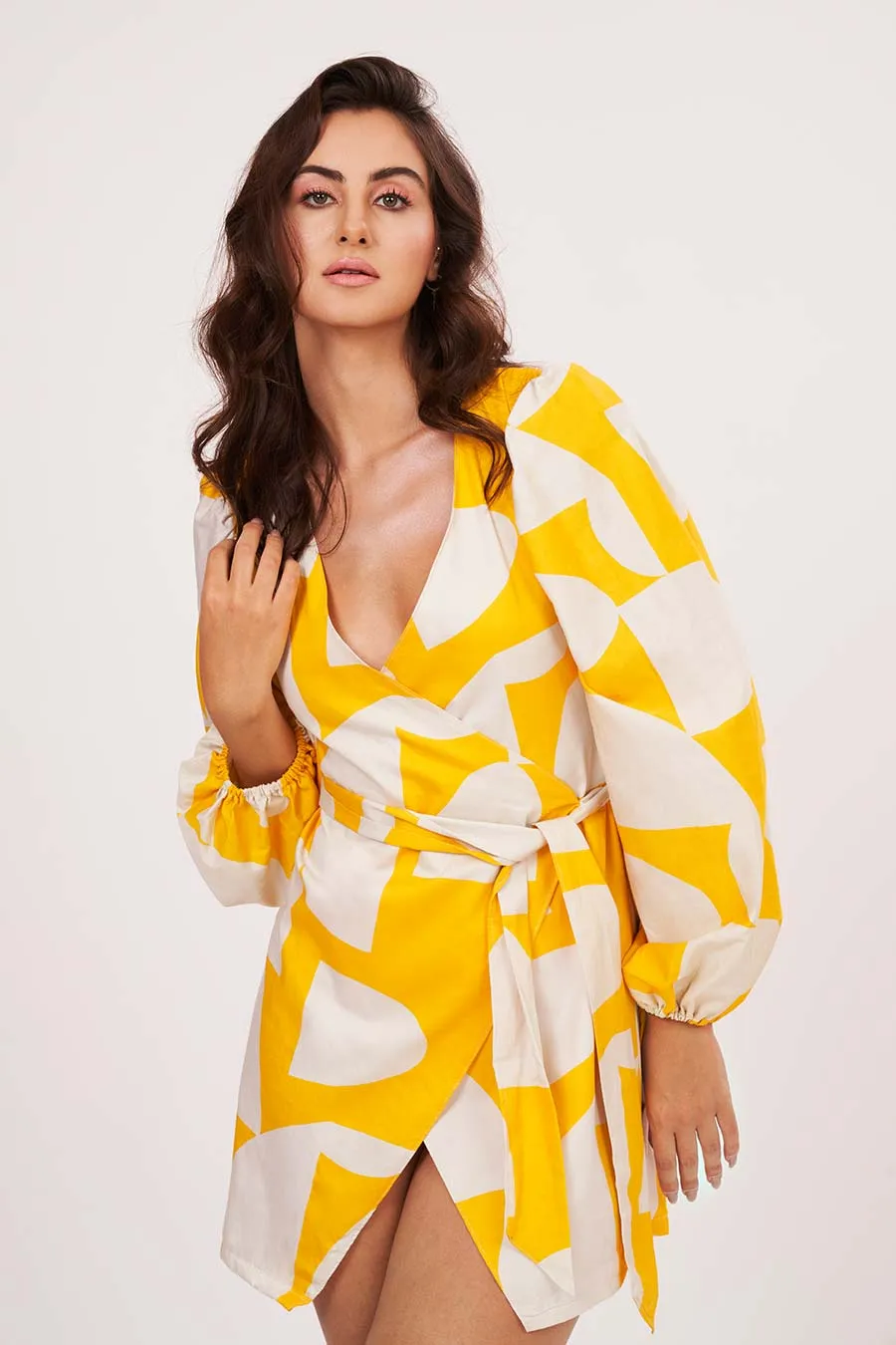 Yellow Printed Short Wrap Dress