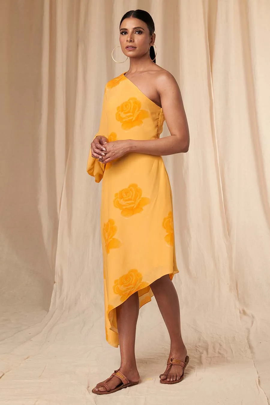 Yellow Rosy One-Shoulder Dress
