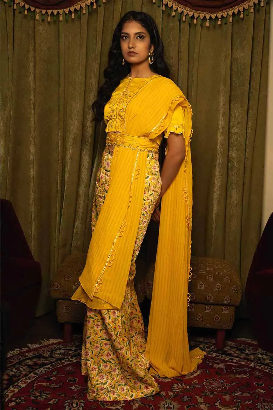 Yellow Silk Flared Pant and Top Set (Set of 4)