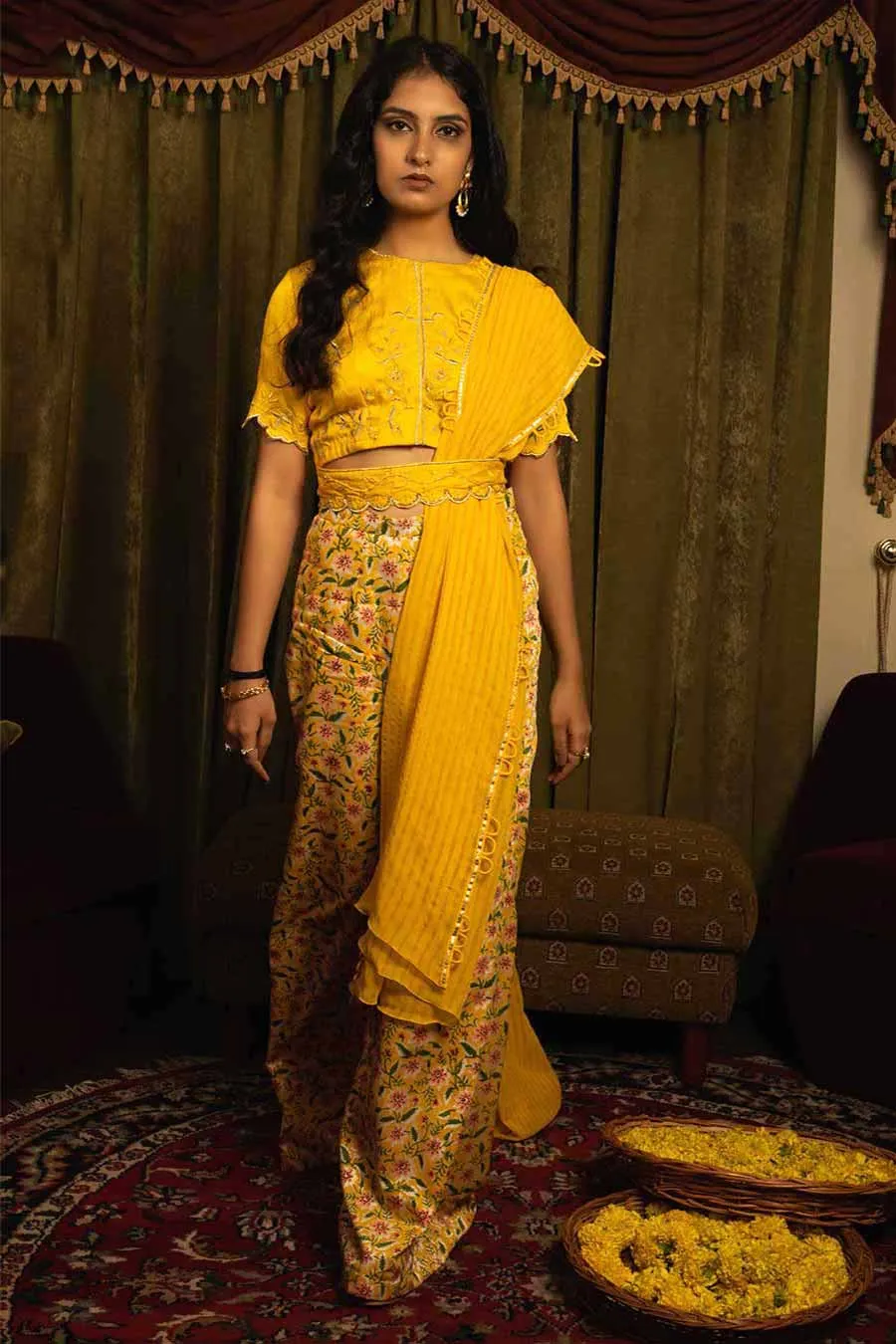 Yellow Silk Flared Pant and Top Set (Set of 4)
