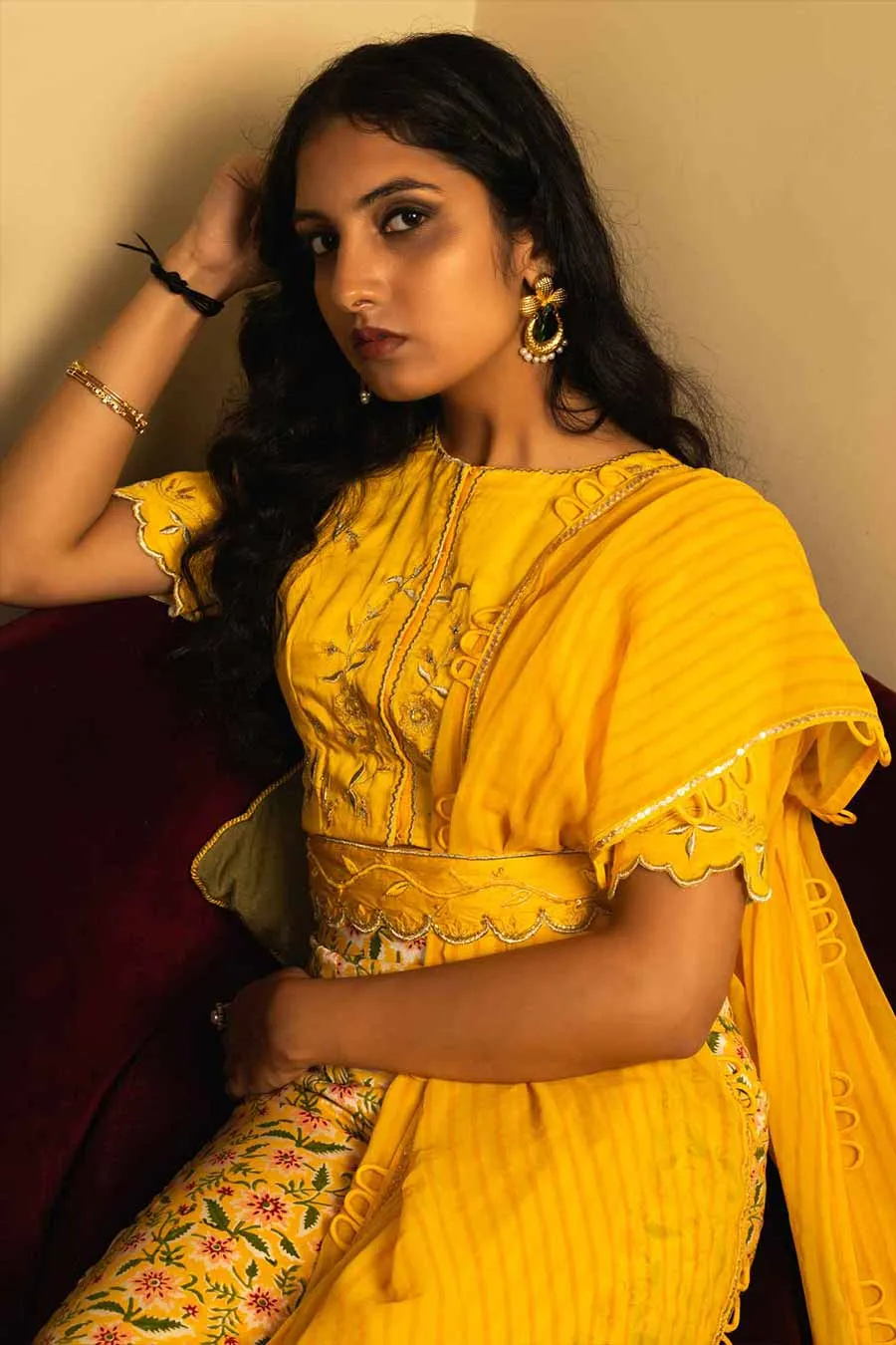 Yellow Silk Flared Pant and Top Set (Set of 4)
