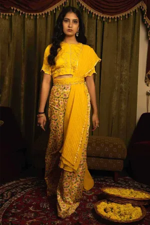 Yellow Silk Flared Pant and Top Set (Set of 4)