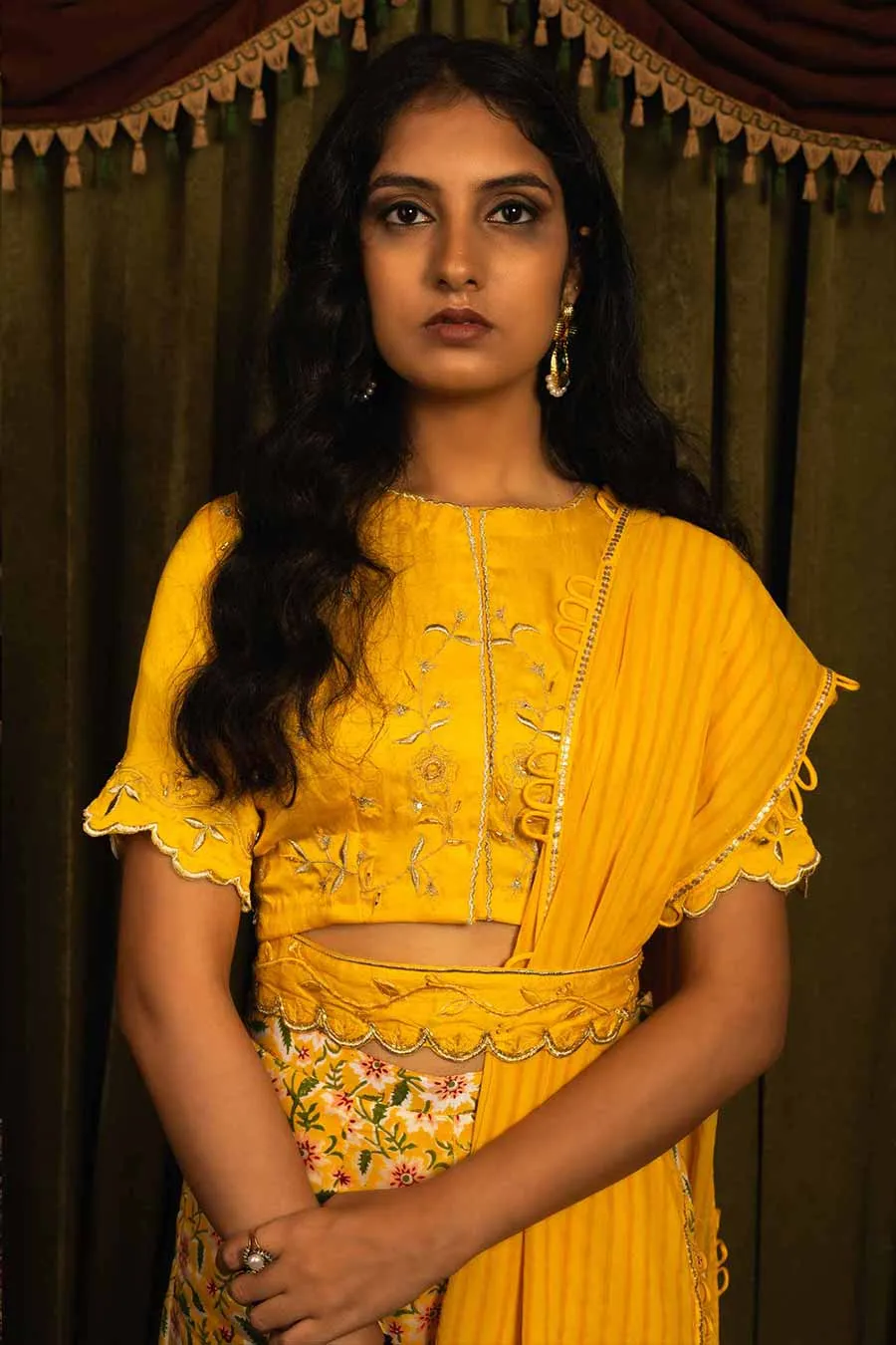 Yellow Silk Flared Pant and Top Set (Set of 4)