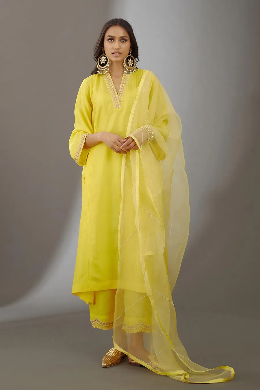 Yellow Silk Organza Embroidered Dupatta