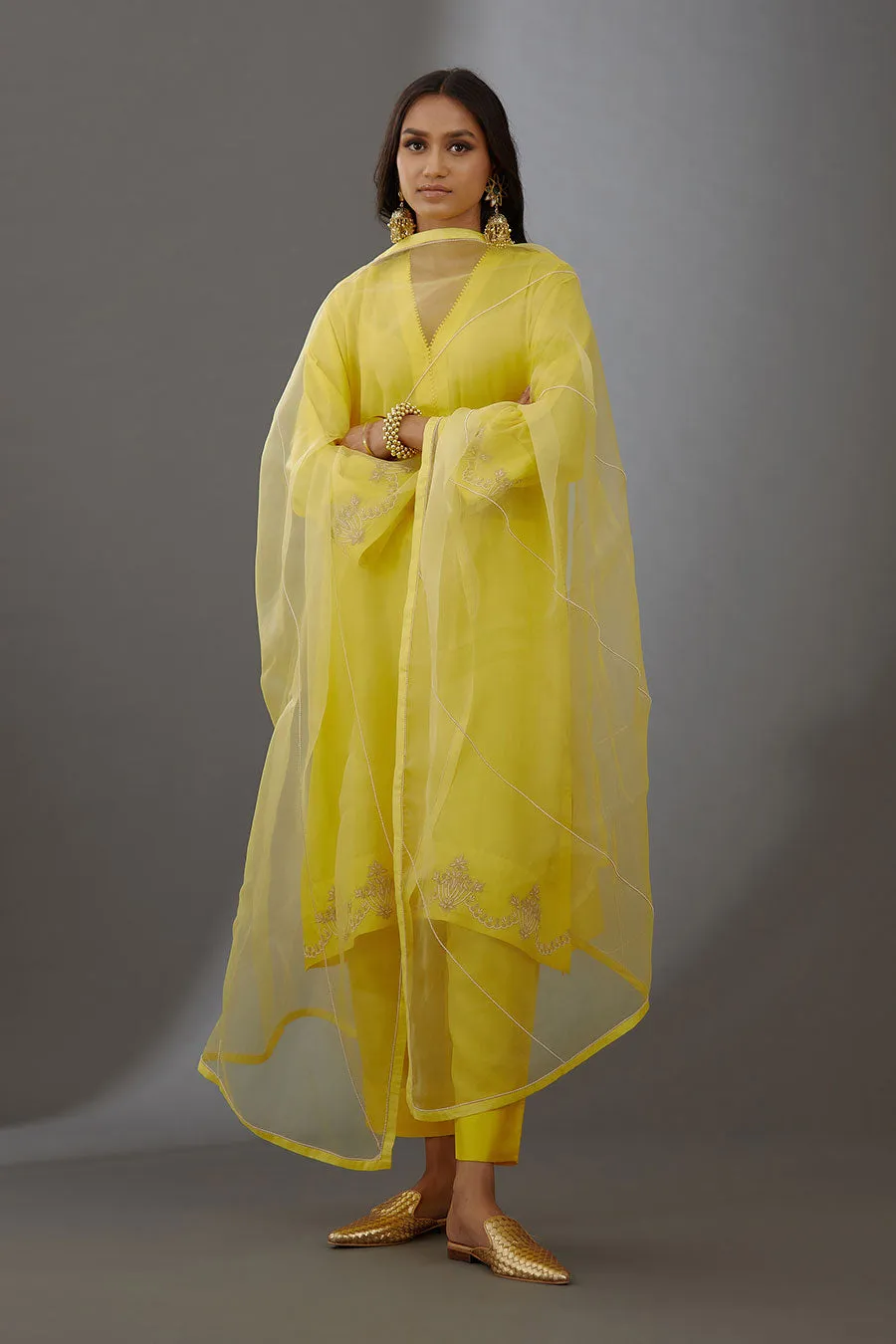 Yellow Silk Organza Embroidered Dupatta