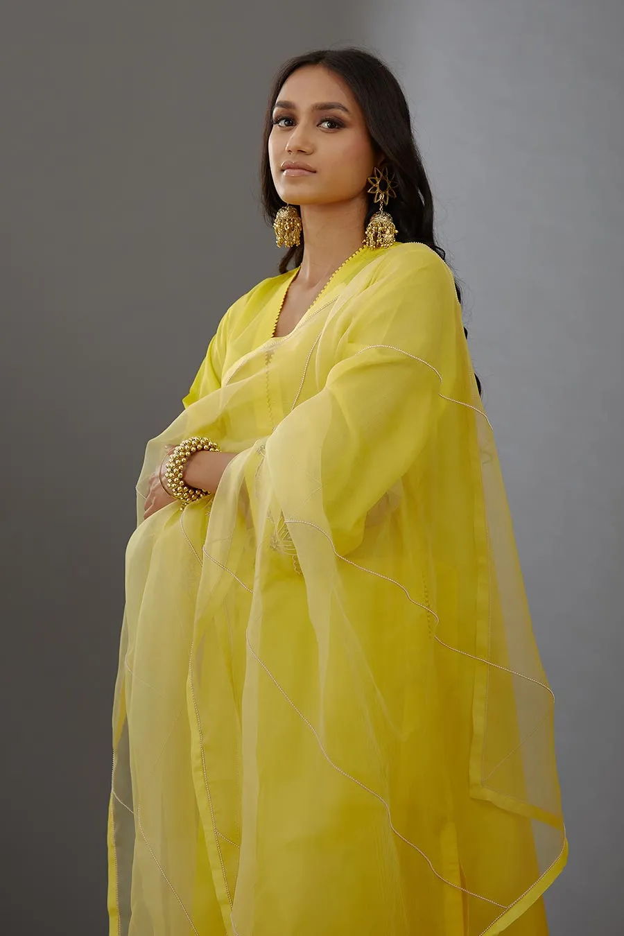 Yellow Silk Organza Embroidered Dupatta