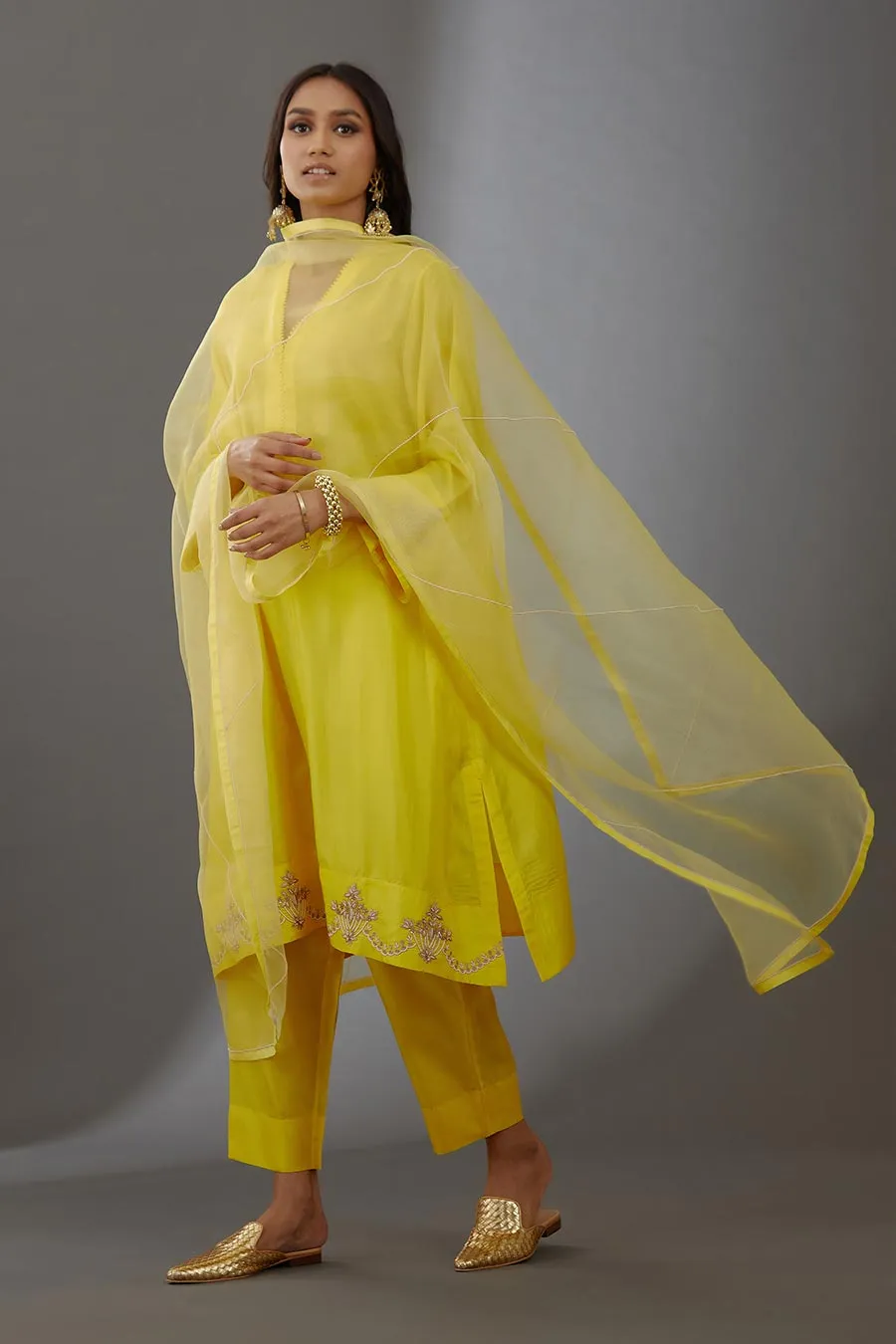 Yellow Silk Organza Embroidered Dupatta