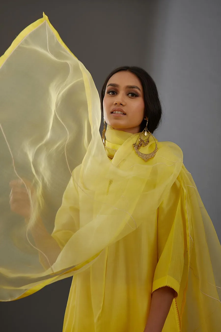 Yellow Silk Organza Embroidered Dupatta